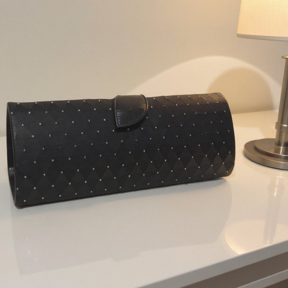 Sophisticated Black Clutch - Diamond-Quilted - Metallic Stud Details